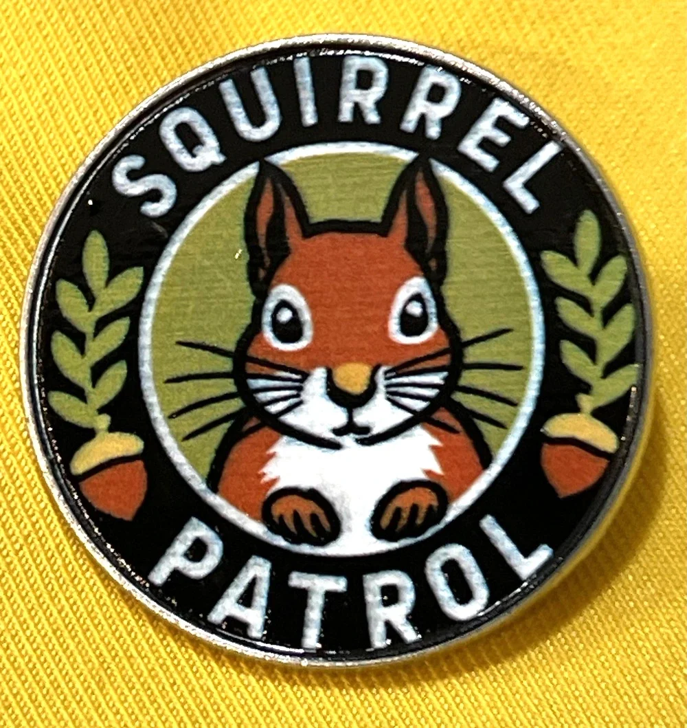 NWOT Squirrel Patrol Brooch Lapel Pin Enamel Animals Acorn Nut Garden Wildlife